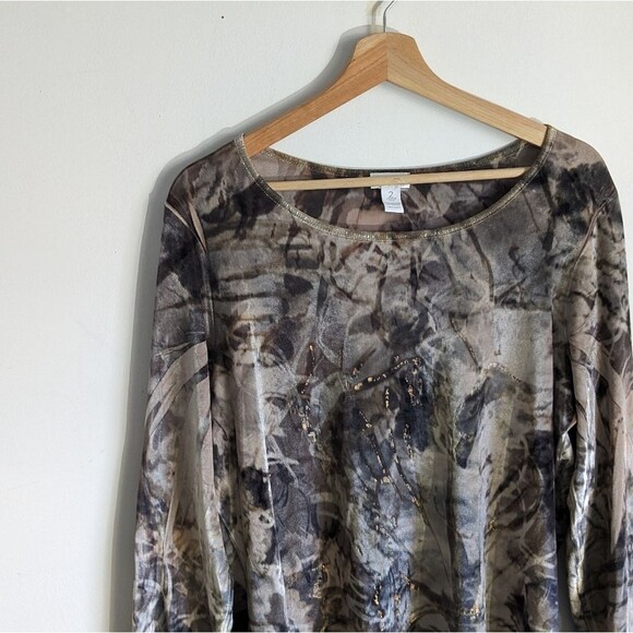 Chicos Brown Abstract Print Long sleeves Velvet Top Shirt - Picture 2 of 7